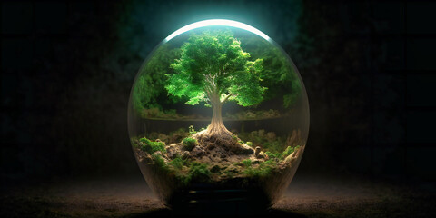 a green tree standing in a glass bulb with some dirt over