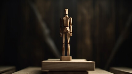 Wooden man standing on top of a wooden podium. Concept of leadership and success Generative AI