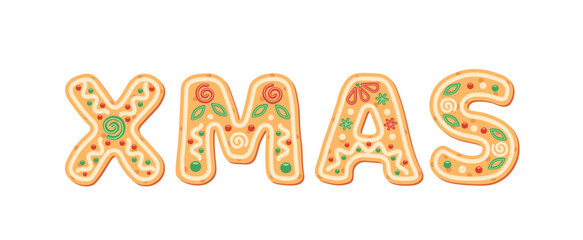 Word Xmas. Lettering Xmas by Christmas cookie font. Gingerbread. Vector