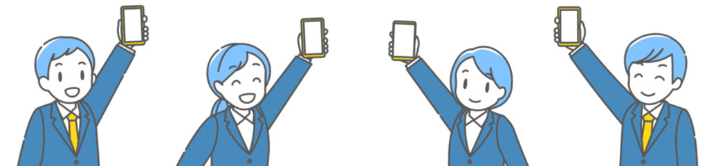 スマホを掲げて笑顔のスーツ姿の男性女性4人