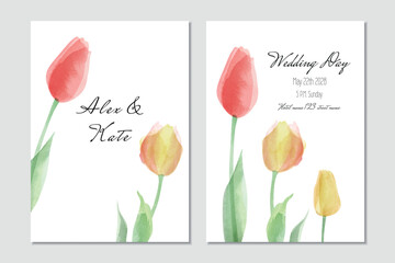 Vector watercolor wedding invitation template with colourful tulips - 593203554