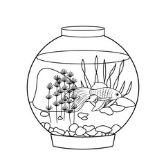 Aquarium with fish, stones and algae. Coloring page.Black and white aquarium. Vector