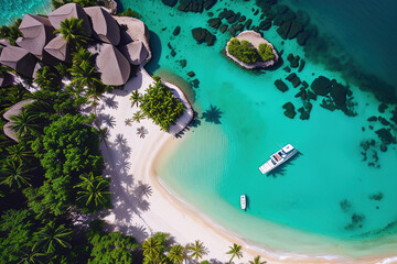Fototapeta na wymiar Paradise beach of a tropical island, palm trees, white sand, azure water. Drone view. Generative AI.