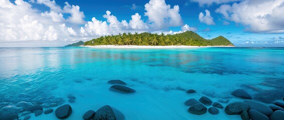 Fototapeta na wymiar Paradise beach of a tropical island, palm trees, white sand, azure water, Generative AI.