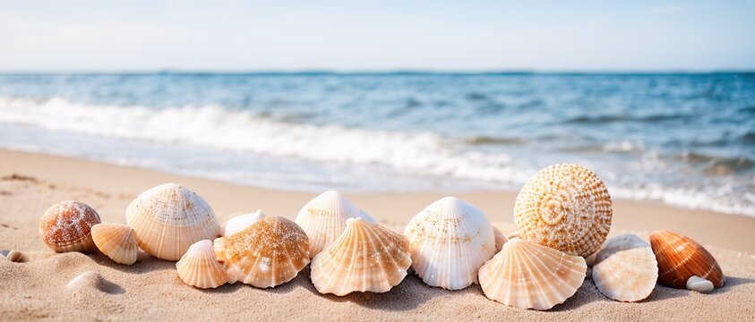 Seashells on the sand of the sea coastline. Generative AI.