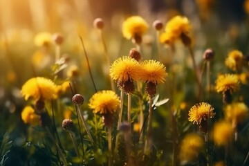 yellow dandelions in the field. Generative AI.