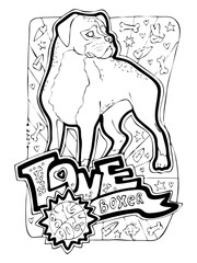 Colouring book page with big dogs for children and grownups. Hand drawn line illustration for free time activities. House animal pet cartoon character outline drawing. One of a pages set.