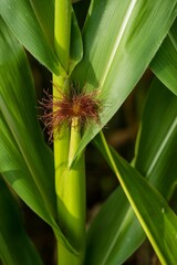 Obraz premium Vertical shot of a corn cob with green leaves on a field in a rural area in sunlight