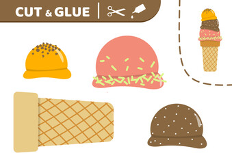 Tree scoops in wafer cup. Cut and glue. Ice cream, waffle. Applique. Paper game. Vector