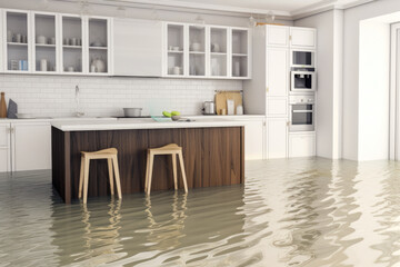 Closeup view of a waterlogged kitchen floor with 3 inches of water. Water damage to home. Furniture in water. High quality generative ai