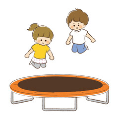 一つのトランポリンで遊ぶ男児と女児