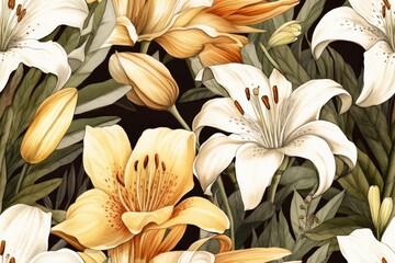 Lily blossom seamless watercolor design. Ideal for digital paper, wallpaper, fabric design, wrapping paper, and surface textures. Generative AI