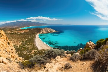 Panorama of beach and turquoise Mediterranean Sea with the Desert in the background. Generative AI