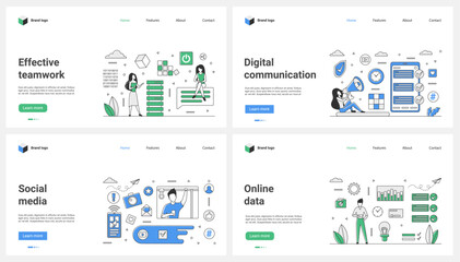 Effective teamwork with online data, digital communication, social media influence set vector illustration. Cartoon tiny people with megaphone advertising product, research information in charts