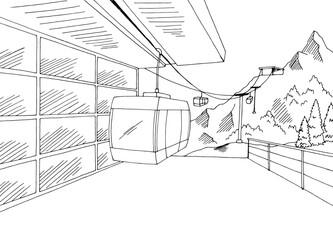 Cable car station graphic mountain black white landscape sketch illustration vector