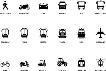 Transport Silhouette Icon Set. Car, Bus, Tram, Train, Metro, Ship, Plane, Icon. Isolated Vector Illustration.