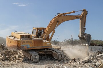 Excavator loading rubble into a dump truck