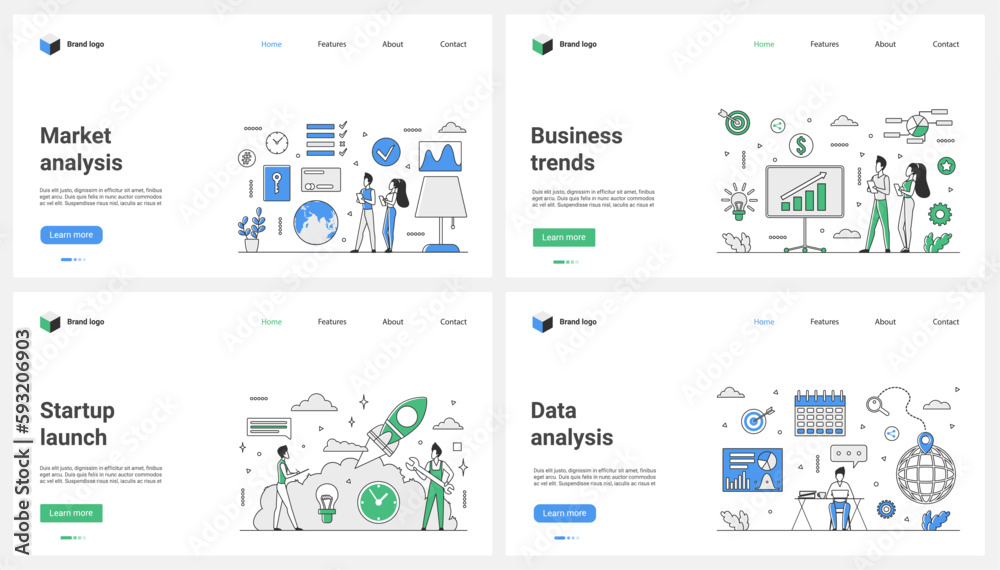 Aufkleber marketing analysis of startup data and business trends set vector illustration. cartoon tiny people 
