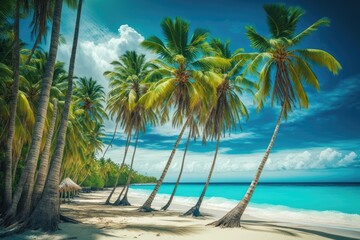 Fototapeta na wymiar palm trees on a tropical beach in the Caribbean. The Dominican Republic's Saona Island. vacation history of travel. Generative AI