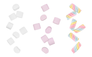 Colorful marshmallows candy falling in the air isolated on transparent background. PNG - obrazy, fototapety, plakaty