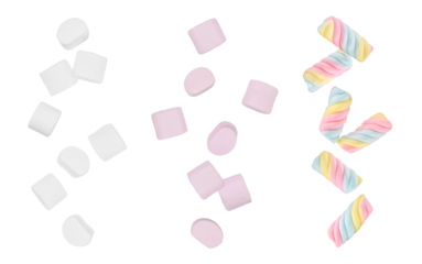 Colorful marshmallows candy falling in the air isolated on transparent background. PNG