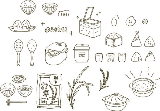 お米とおにぎりと炊飯器のイラストレーションセット