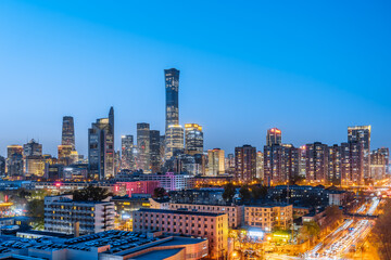 Fototapeta na wymiar Night view of high-rise buildings in Guomao CBD central business district, Beijing, China