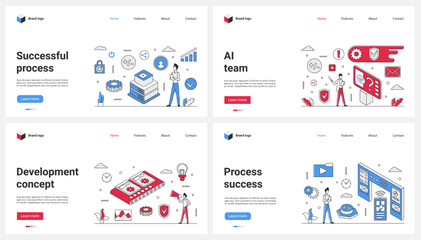 Business development, team process success, AI technology set vector illustration. Cartoon tiny people work with solution conveyor belt, develop digital infrastructure of company and software system