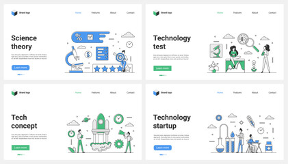 Study of scientific theory, tech startup and modern science technology set vector illustration. Cartoon tiny people launch rocket of technical project, scientists test cell samples with microscope