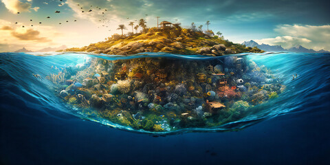 island underwater with garbage in the ocean