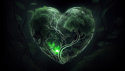 green planet concept - green tree heart with forest greenery around
