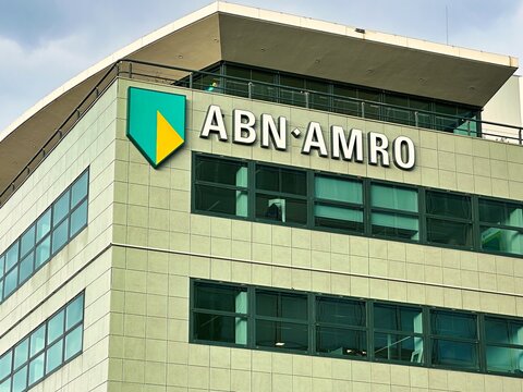 sign of abn amro bank on office building - The Hague, netherlands - january 23 2023: