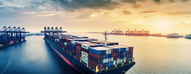 Obraz premium Container ship carrying container boxes import export dock with quay crane. Business commercial trade global cargo freight shipping logistic and transportation worldwide oversea concept. Generative AI