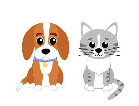 Cute puppy and kitty. Little dog and cat. Flat, cartoon, vector