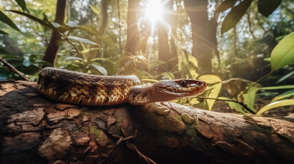 Yellow snake sitting on top of tree branch in forest with sunbeams. Generative AI.