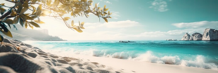 Banner, Hintergrund, Blick von einem Strand mit weißem Sand auf das hellblaue karibische Meer, Generative AI