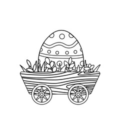 Garden wooden cart with very big Easter egg. Coloring page. Black and white hen. Vector
