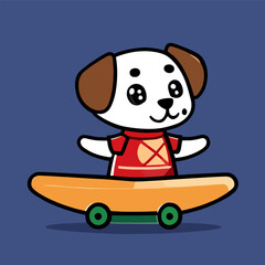 Cute mascot for a dog playing skateboard with a happy expression, flat cartoon design for animal games. Suitable for landing page, cards, books design