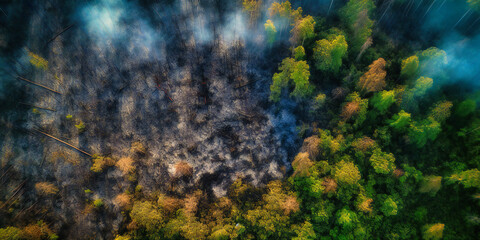 aerial view of forest being burned in the area with green hazard concept