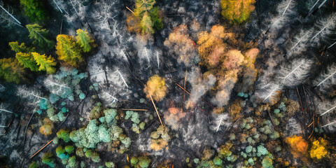 aerial view of a polluted forest and burned trees