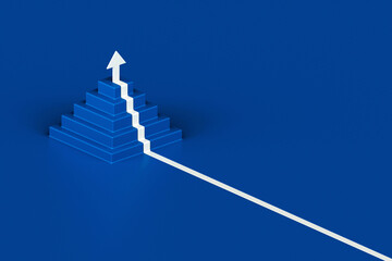 White arrow following the stairs of growth on blue background, 3D arrow climbing up over a staircase , 3d stairs pyramid shape with arrow going upward, 3d rendering