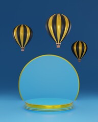 3D rendering Abstract podium scene background with hot air balloon. Product presentation, mock up, show cosmetic product.