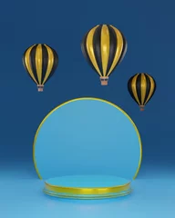 Papier Peint photo Montgolfière 3D rendering Abstract podium scene background with hot air balloon. Product presentation, mock up, show cosmetic product.