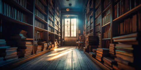 a dark library with rows of books