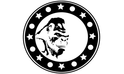 black and white frame King Kong in a circle with stars