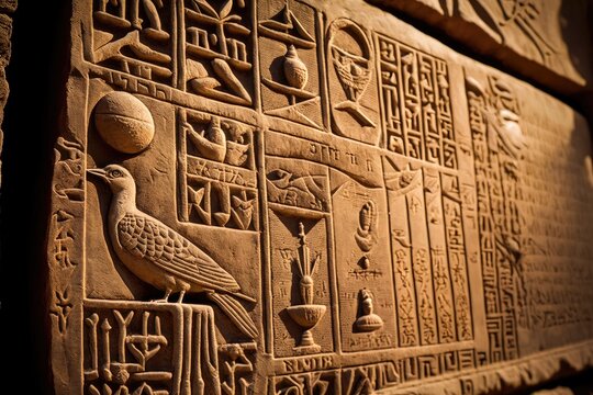 Egyptian hieroglyphs from antiquity engraved Temple's stone wall. Generative AI