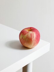 Close-up shot of a red apple on the corner of a white table