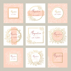 Wedding or party invitation templates with magnolia flowers. Square cards template with botanical design