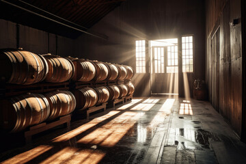 Barrel Room With Sunlight Filtering In Through High Windows. Generative AI