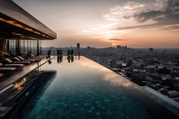 Naklejka premium Hotel With Rooftop Infinity Pool And Panoramic Views Of The City. Generative AI